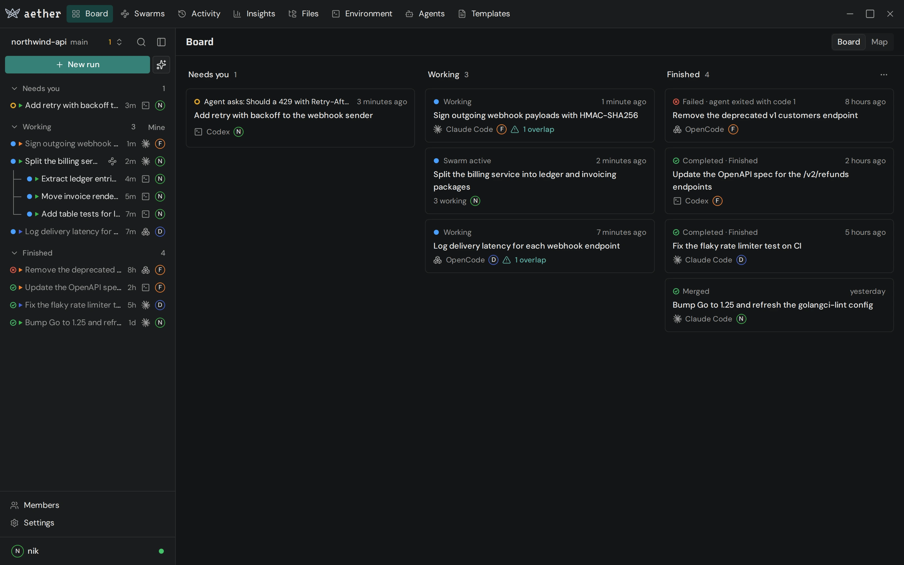 The Aether desktop app on the northwind-api workspace. The sidebar lists the runs under Needs you, Working and Finished, with a swarm's three workers nested under it. The Board has the same three columns: a Codex run in Needs you shows its agent's question, two Working runs warn of a file overlap, a swarm is one card, and Finished holds completed, failed and merged runs.
